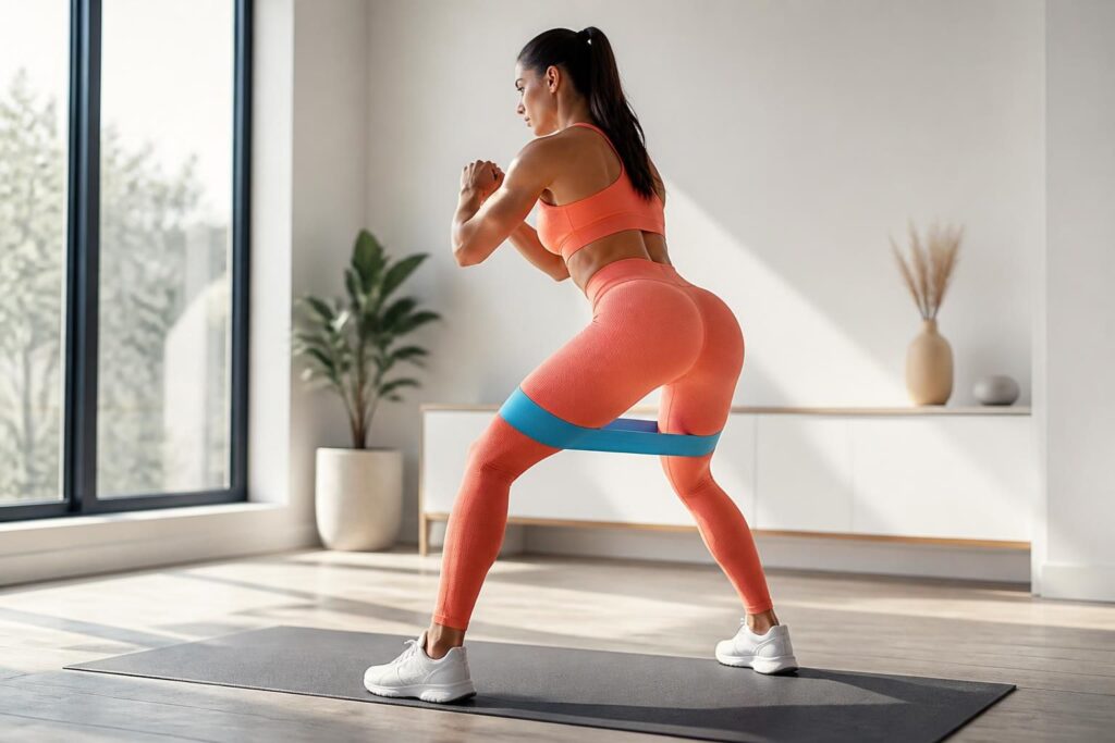 découvrez une routine efficace d'exercices fessiers debout avec élastique, idéale pour tonifier vos muscles sans besoin de matériel.